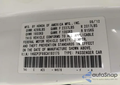 2012 Honda Accord 2.4 Se from USA, damaged, VIN 1HGCP2F66CA190175